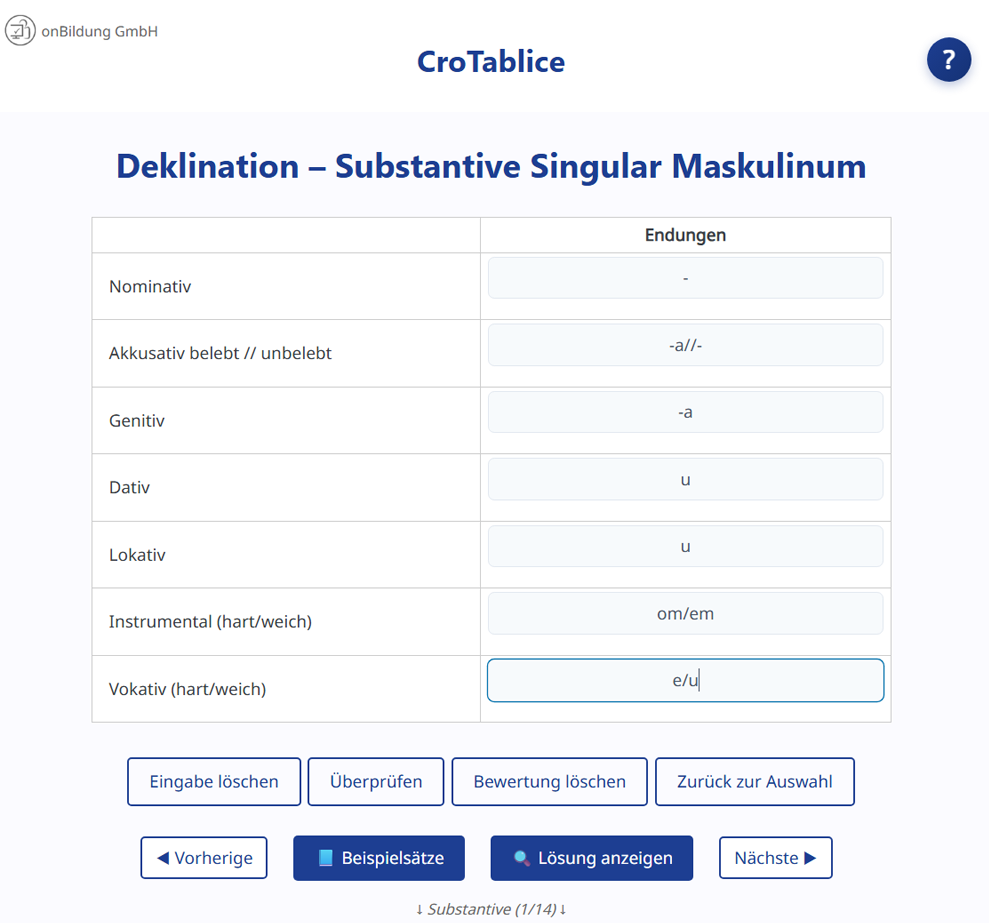 Screenshot der onCroSkill Lernplattform mit Übungsaufgaben